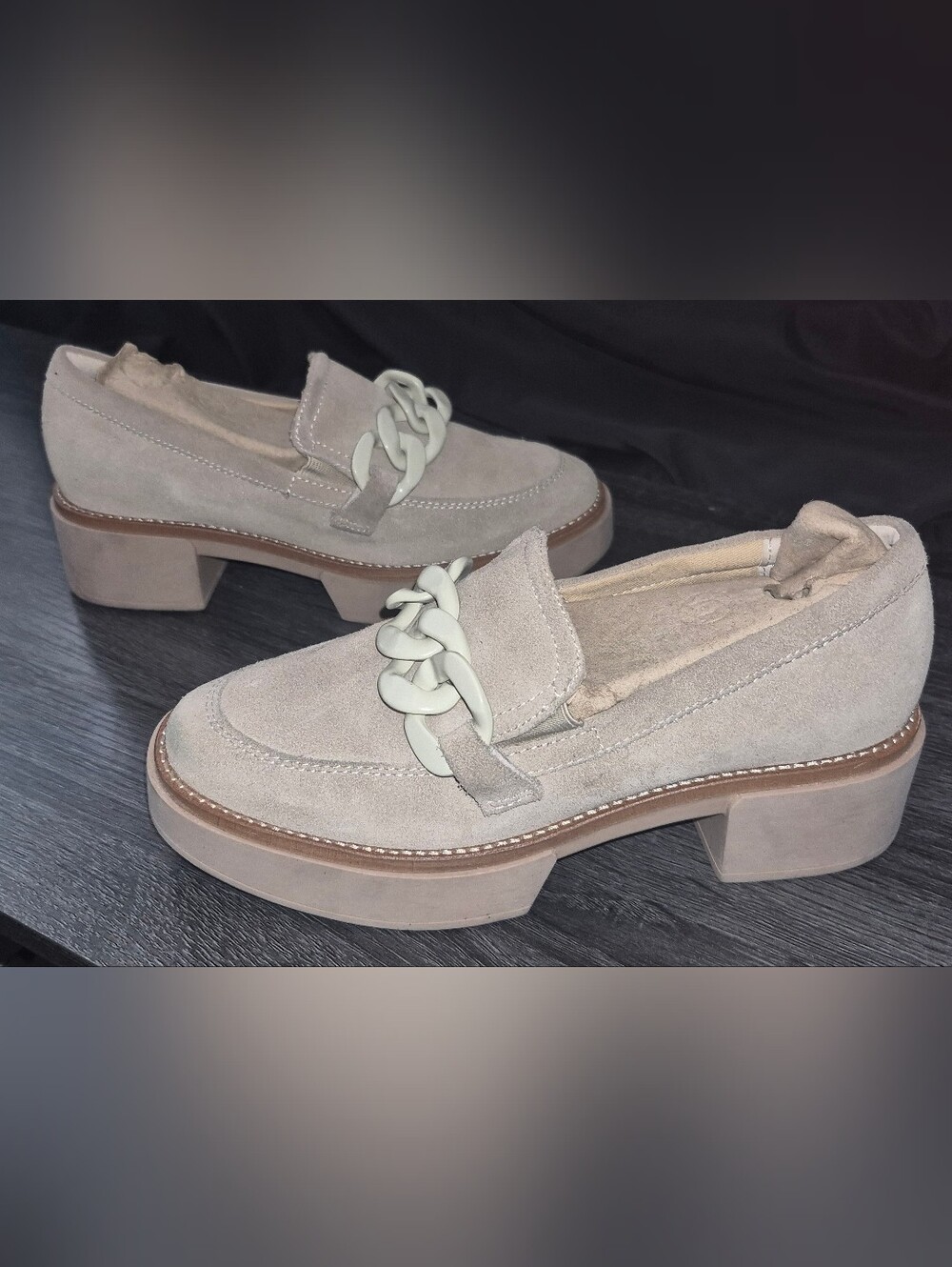 Women’s Suede Chunky Chain Loafers – Taupe